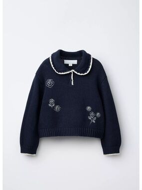EMBROIDERED FLORAL PETER PAN COLLAR KNIT SWEATER